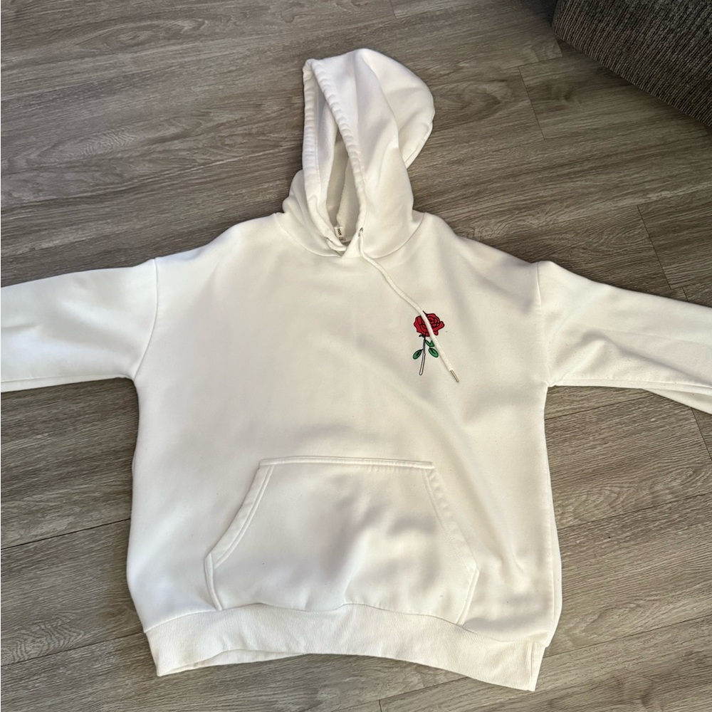 Amazon White Hoodie with Red Rose Embroidery